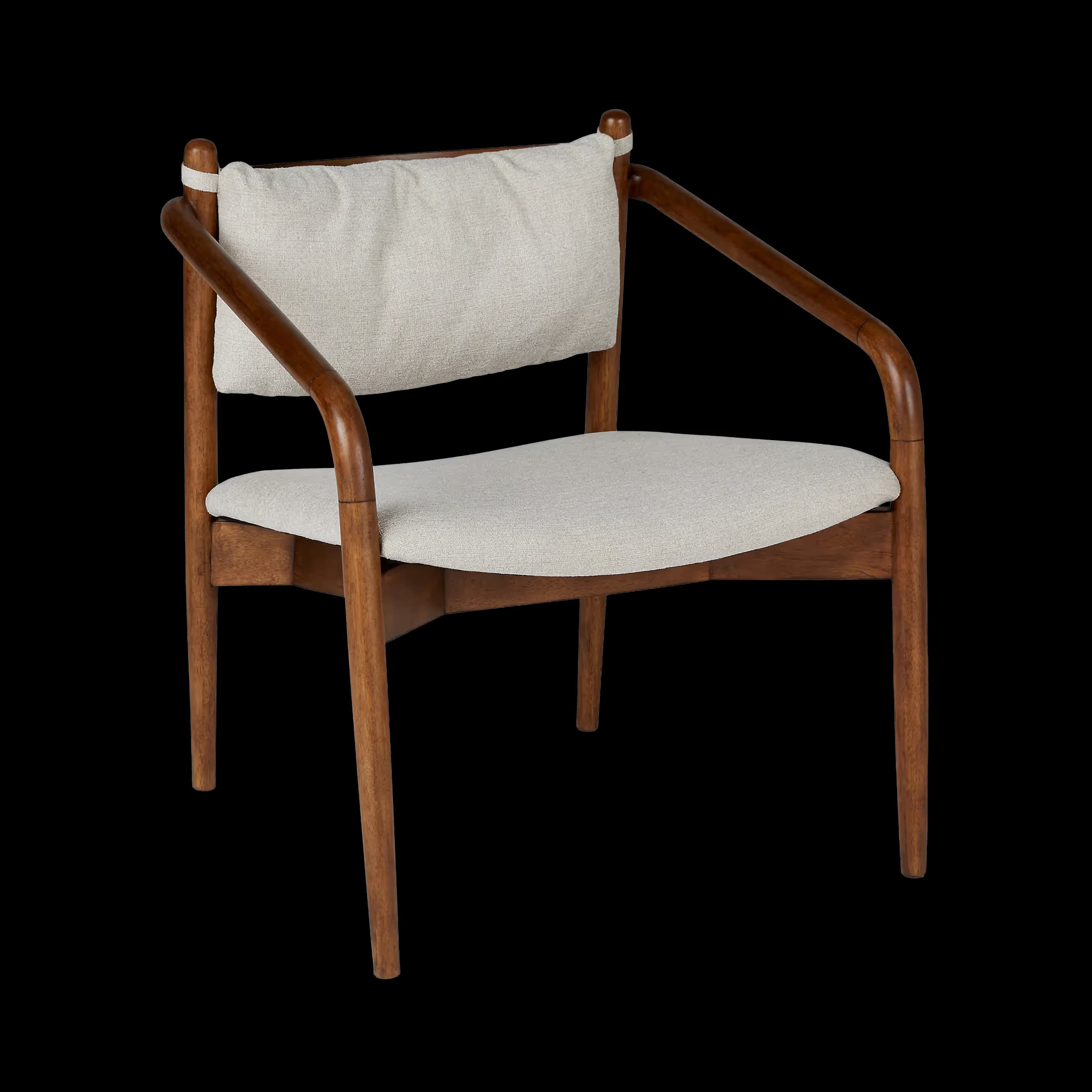 A Scandinavian-style armchair featuring a warm brown wooden frame and light beige upholstered seat and back cushions, with curved armrests. — 3D model