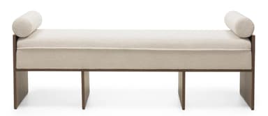 A contemporary bench featuring a rectangular, upholstered seat in cream-colored boucle fabric, accented by two integrated cylindrical bolster pillows at either end. The seat is supported by a dark stained wooden frame with two slab-style legs, creating a minimalist and sturdy profile. — 3D model