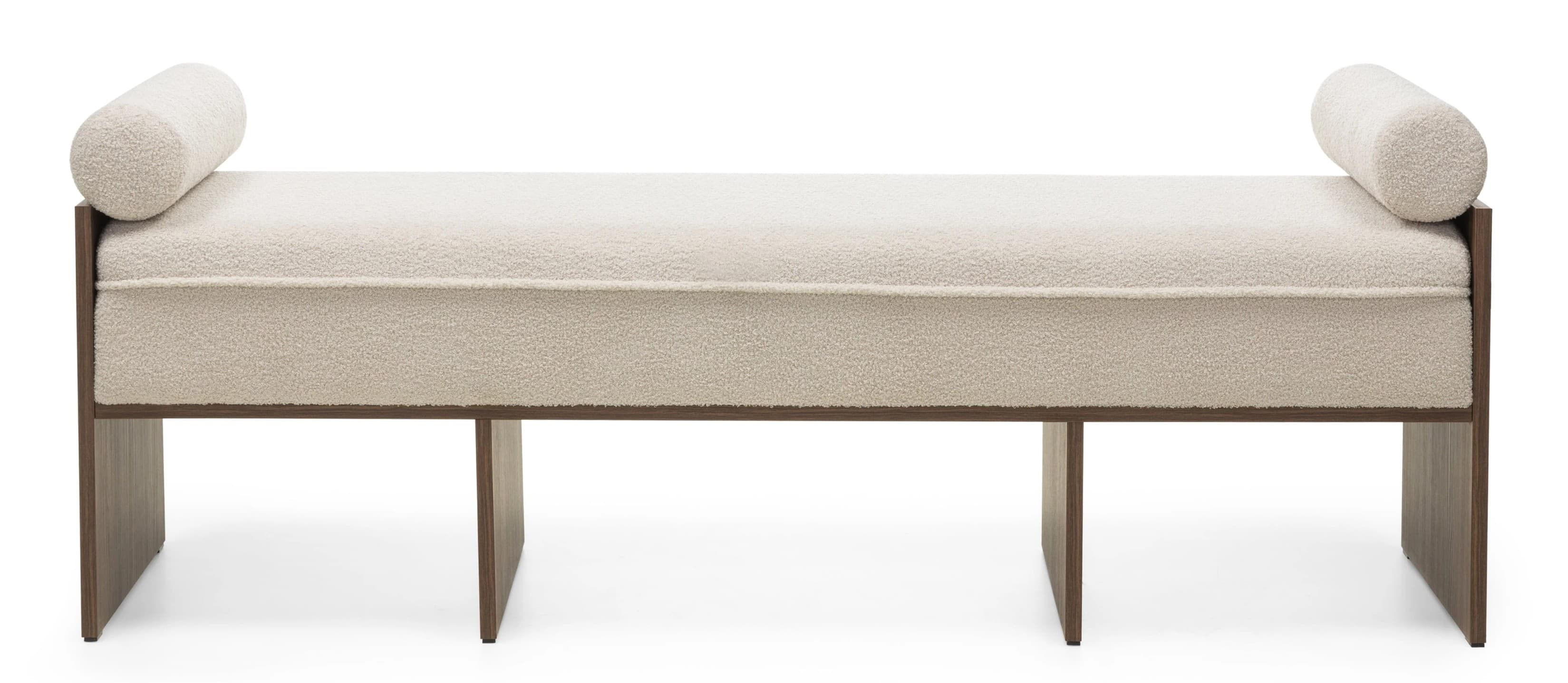 A contemporary bench featuring a rectangular, upholstered seat in cream-colored boucle fabric, accented by two integrated cylindrical bolster pillows at either end. The seat is supported by a dark stained wooden frame with two slab-style legs, creating a minimalist and sturdy profile. — 3D model