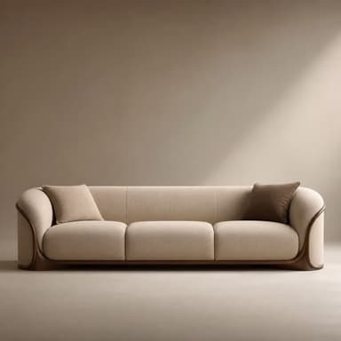 A contemporary three-seater sofa featuring a light-colored fabric upholstery on the seat, backrest, and integrated armrests. The entire upholstered form is embraced by a prominent, curved dark wood frame that wraps around the base, sides, and partially the back. The sofa includes three distinct seat cushions and two matching accent pillows. — 3D model