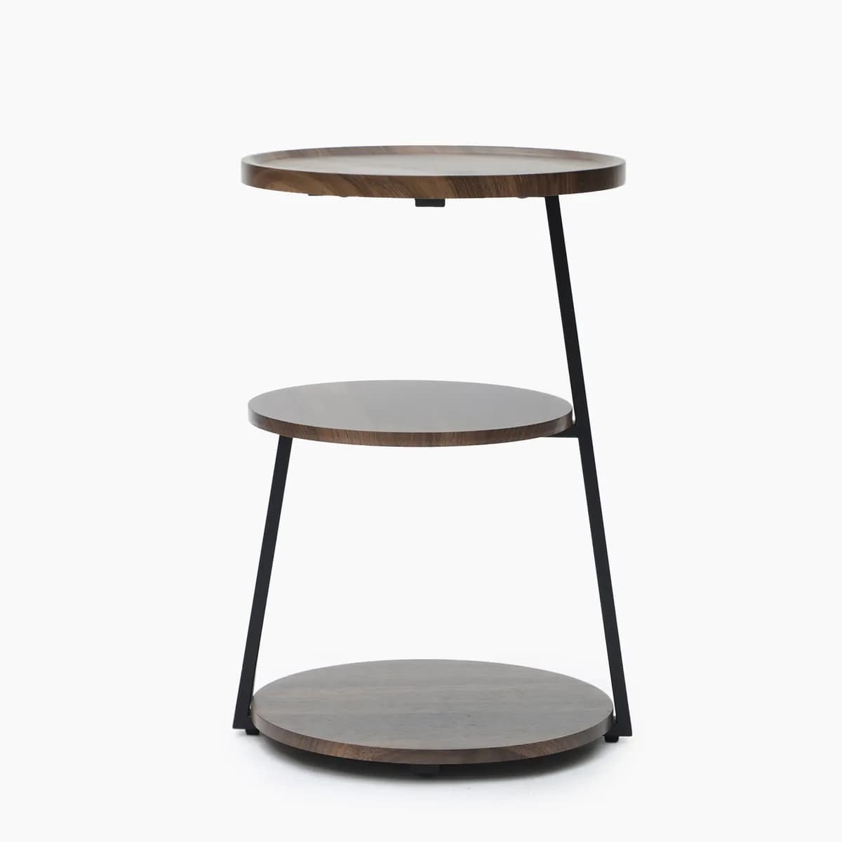 A modern three-tiered round accent table featuring dark wood shelves and a black metal frame. The top shelf has a slightly raised edge, creating a tray-like surface. — 3D model