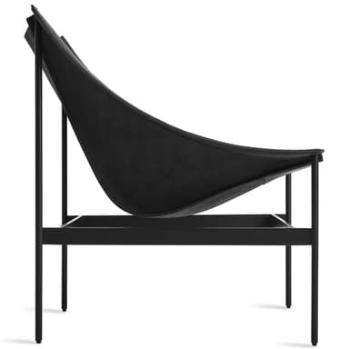 A modern black leather lounge chair with a minimalist metal frame. The chair features a wide, curved backrest and a seat that appears to be made of a single piece of leather suspended by the frame. The frame is constructed from thin, matte black metal rods, forming a rectangular base and extending upwards to support the leather upholstery. The overall design emphasizes clean lines and a sophisticated aesthetic. — 3D model