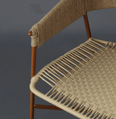A modern armchair with a distinctive design, featuring a curved backrest and seat made of woven rope and cord. The frame and legs are constructed from metal, giving it a sturdy yet elegant appearance. — 3D model