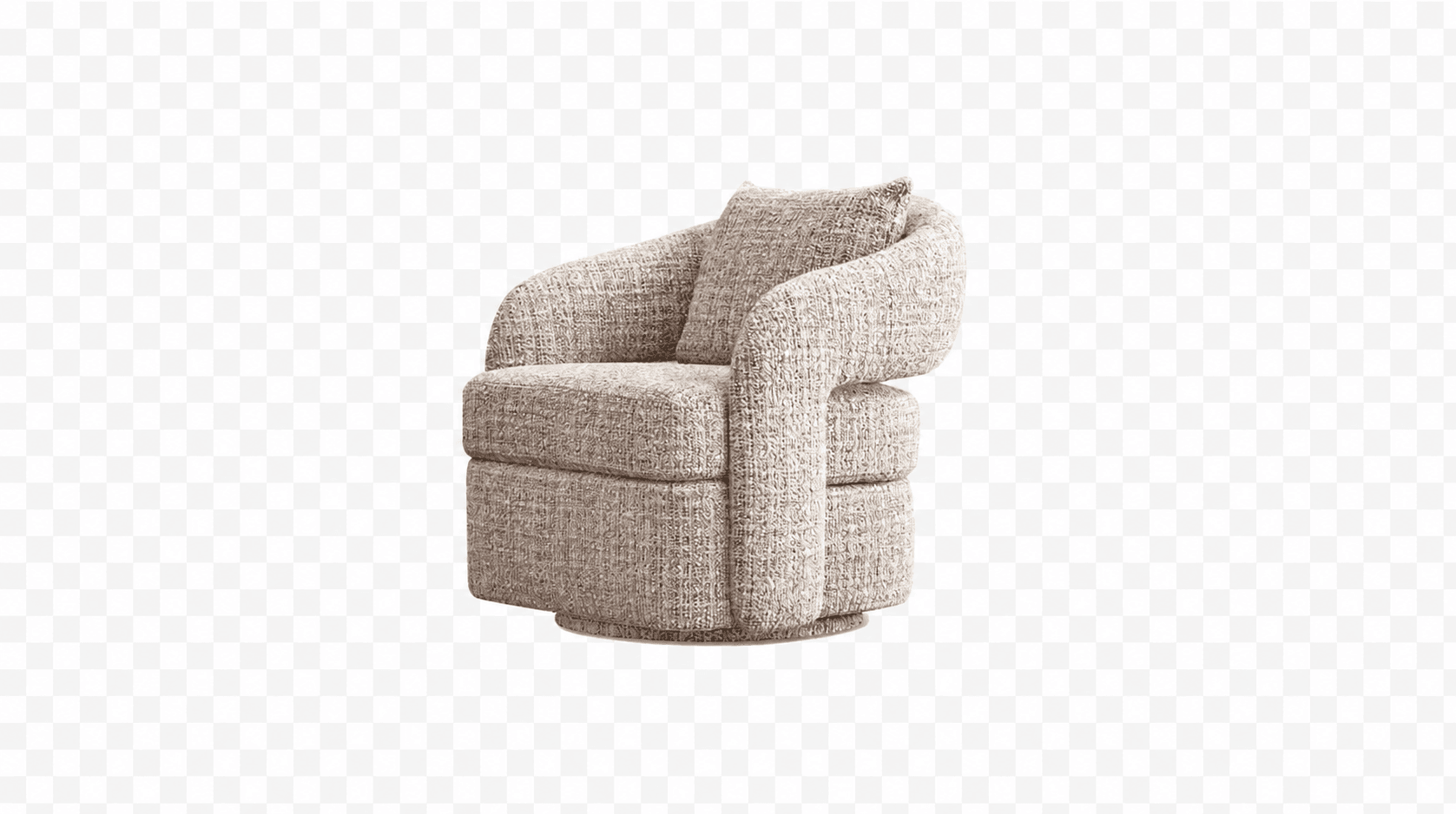 A contemporary armchair with a rounded, sculptural design. It features a thick, barrel-shaped backrest that curves into wide armrests. The seat and back are upholstered in a textured, light-colored fabric. A single lumbar pillow is placed against the backrest. The chair appears to be mounted on a swivel base. — 3D model