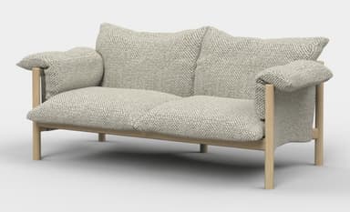 A contemporary two-seater loveseat featuring an exposed light-toned wooden frame and generously padded cushions upholstered in a textured light gray fabric. The design emphasizes comfort and a minimalist aesthetic. — 3D model