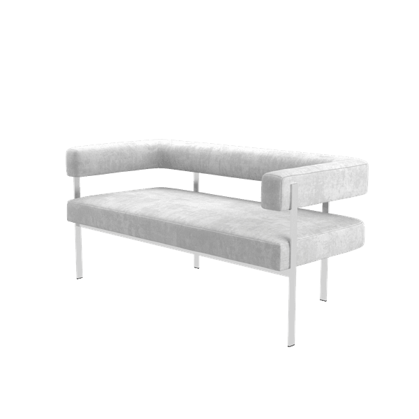 An asymmetrical upholstered chaise lounge featuring a minimalist design with a continuous backrest and armrest on one side, supported by a slender metal frame. — 3D model