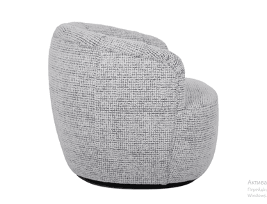 A light gray, barrel-shaped ottoman or pouf, fully upholstered in a textured fabric. The item features a subtly convex form that gently tapers towards a dark, recessed base. The fabric has a woven appearance with flecks of darker gray, providing visual depth. The top surface is softly rounded, suggesting a comfortable, padded fill. — 3D model