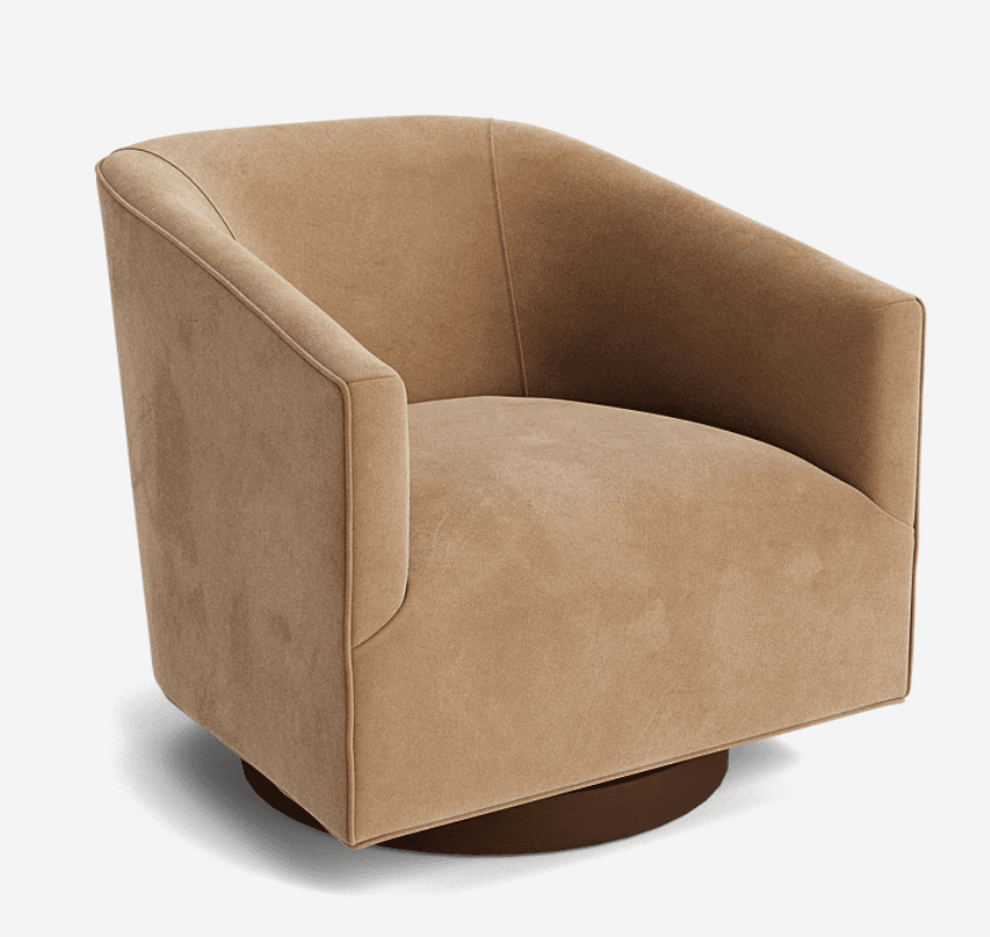 An upholstered barrel-shaped armchair with integrated arms and a swivel base, rendered in a light beige or camel-colored velvet-like fabric. — 3D model