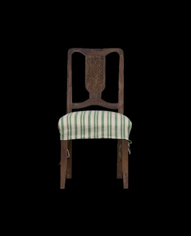A wooden dining chair with a carved backrest and a striped seat cushion. The chair has a dark wood finish and a backrest with an ornate, symmetrical carving in the center. The seat is covered with a removable cushion featuring alternating green and white stripes. The cushion is secured by ties. — 3D model
