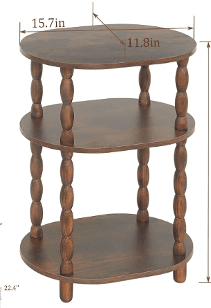 A dark brown wooden three-tiered oval table with turned spindle legs, designed for display or storage. — 3D model