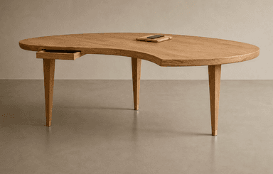 A kidney-shaped coffee table crafted from light-toned wood, featuring four tapered legs and a small, integrated drawer. The design showcases an organic, asymmetrical tabletop and minimalist detailing. — 3D model