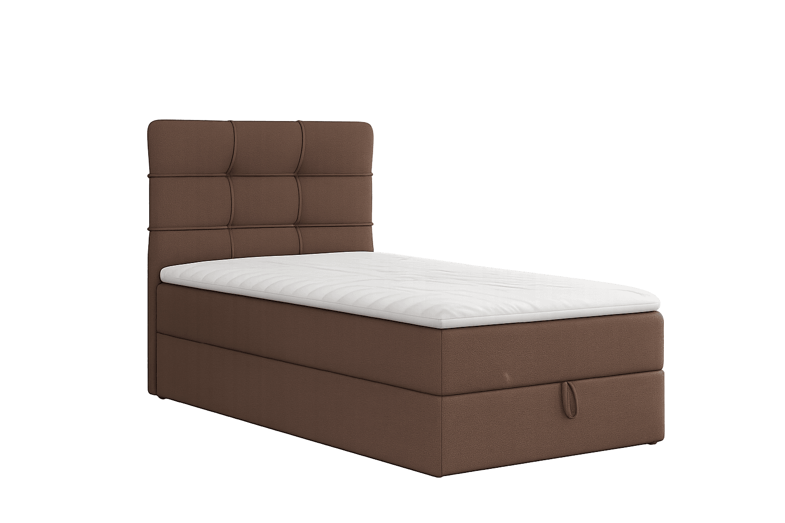 A single bed frame with a tufted headboard and a white mattress. The bed frame is upholstered in a brown fabric and features a storage drawer integrated into its base, indicated by a pull tab on the side. — 3D model