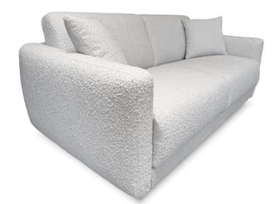 A modern sofa with a textured fabric upholstery. The sofa features a low profile with deep, plush cushions and rounded armrests. A distinctive design element is the integrated back cushion that curves upwards and outwards, creating a unique silhouette. The fabric has a boucle-like texture, giving it a soft and inviting appearance. The color is a neutral light gray or off-white. — 3D model