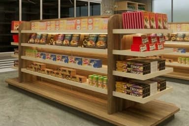 A modern, freestanding retail display shelving unit made of wood-look laminate with multiple adjustable shelves and a sturdy base. — 3D model