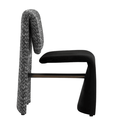 A contemporary dining chair featuring a striking two-tone upholstery design. The tall, rectangular backrest is covered in a black and white textured woven fabric, while the seat is a smooth, solid black material, possibly faux leather or velvet, appearing to 'float' below the back. The chair exhibits a minimalist and modern aesthetic. — 3D model