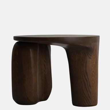 A dark brown wooden end table with a circular top and three organically shaped, curved legs that are thicker at the base and taper slightly towards the top. The wood grain is visible, suggesting it is a solid wood construction. The overall design is modern and sculptural. — 3D model
