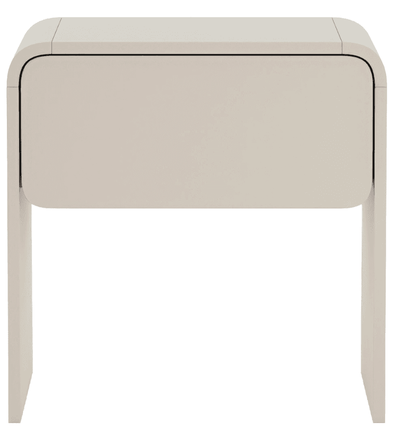 A compact, light beige nightstand with a single integrated drawer and seamless, rounded waterfall edges. — 3D model