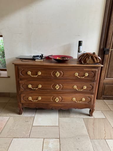 A traditional chest of drawers with four drawers, characterized by ornate brass hardware and a curved front. The piece features carved detailing around the drawers and rests on cabriole legs. The wood grain is prominent, suggesting a natural wood construction. — 3D model