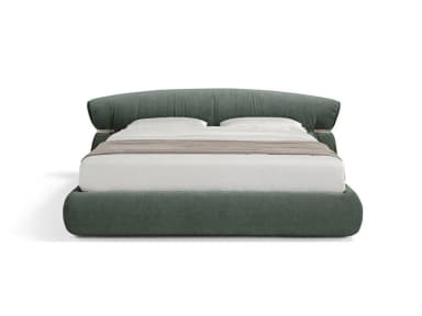 A contemporary upholstered bed frame with a generously padded, curved headboard. The headboard features a distinctive gathered design secured by a light-colored band on each side, creating a soft, voluminous appearance. The bed base is also upholstered and features rounded corners, contributing to its modern and plush aesthetic. — 3D model