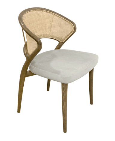 A dining chair with a curved wooden frame and a woven cane backrest. The seat is upholstered in a light grey fabric. The legs are tapered wooden spindles. — 3D model
