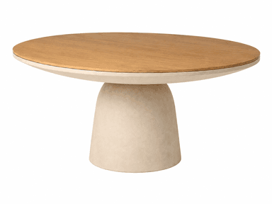 A contemporary round dining table featuring a light wood top and a robust, cream-colored pedestal base with a textured finish. — 3D model