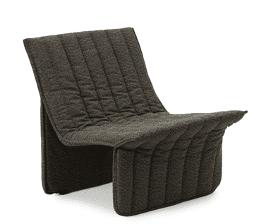A modern, low-profile lounge chair upholstered in a dark, textured fabric with distinctive channel tufting. The chair features an integrated design where the seat and backrest seamlessly transition into the base, creating a minimalist, armless silhouette. — 3D model