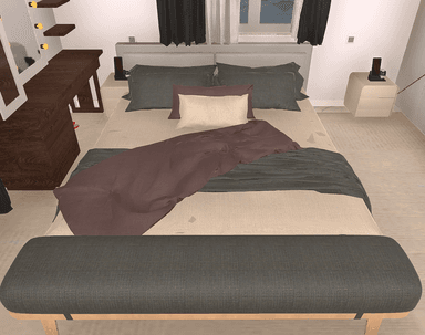 A modern platform bed featuring an upholstered headboard and a matching integrated foot bench, dressed with layered bedding in neutral and accent colors. — 3D model