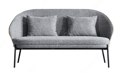 A contemporary two-seater loveseat featuring a curved, enveloping backrest and armrests, upholstered in a textured gray fabric. The loveseat includes two loose square back cushions. It is supported by slim, tapered black metal legs, with a subtle wooden trim visible on the exterior curve of the back. — 3D model