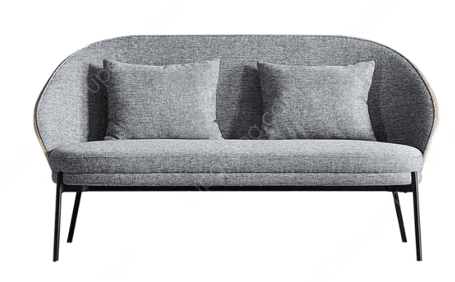 A contemporary two-seater loveseat featuring a curved, enveloping backrest and armrests, upholstered in a textured gray fabric. The loveseat includes two loose square back cushions. It is supported by slim, tapered black metal legs, with a subtle wooden trim visible on the exterior curve of the back. — 3D model