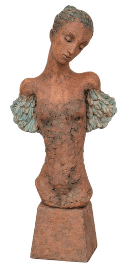 A figurative sculpture depicting the torso of a female figure, crafted from a reddish-brown terracotta or clay. The surface is highly textured, giving it a rustic or aged appearance. The figure's head is tilted slightly, with eyes closed in a contemplative pose. The shoulders feature distinct, layered wing-like structures with a blue-green patina, contrasting with the main body color. The sculpture is mounted on an integrated, simple rectangular plinth of the same material and finish. — 3D model