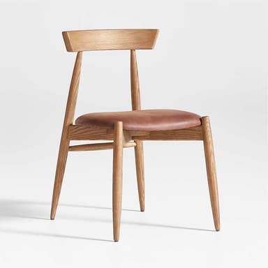 A modern dining chair constructed from light-toned oak wood with a brown leather upholstered seat. The chair features a minimalist design with tapered legs, a subtly curved backrest, and a sturdy wooden frame. — 3D model