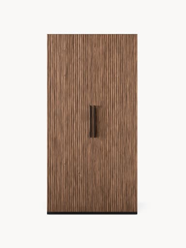 A tall, rectangular cabinet with two doors. The doors feature a prominent vertical ribbed texture, resembling wood grain or bamboo. The sides of the cabinet are a contrasting solid dark color. It is equipped with two vertical, dark-colored handles centered on the doors. — 3D model