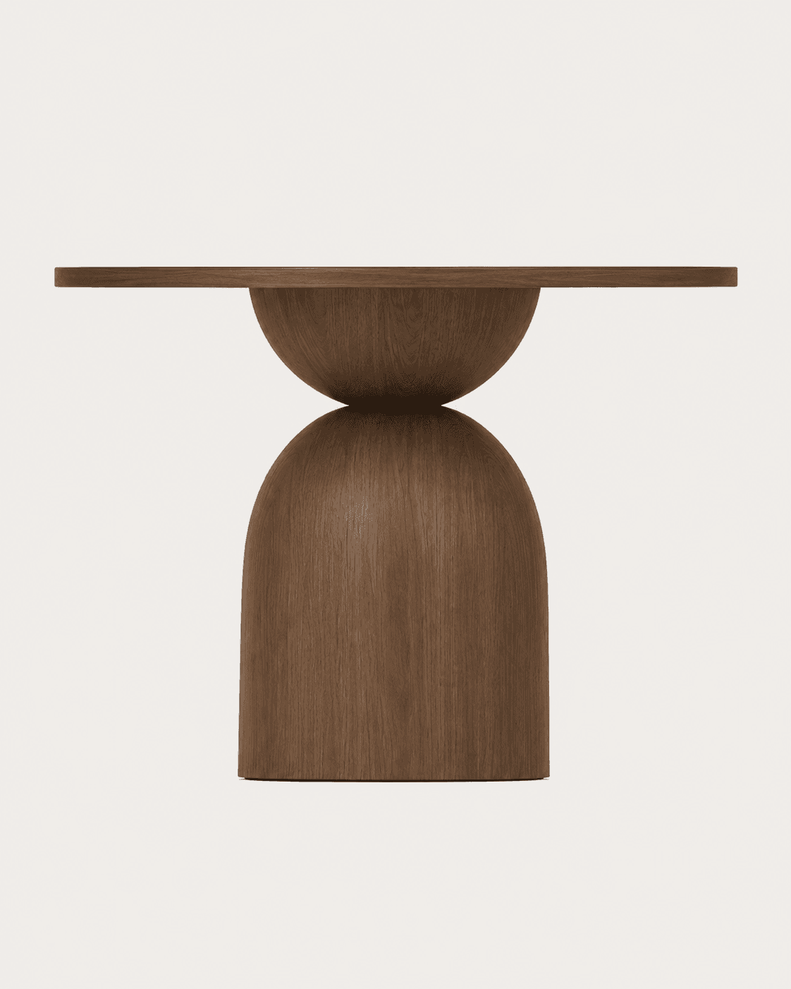 A sculptural modern side table made from dark wood, featuring a circular tabletop supported by a unique base composed of an inverted half-sphere resting on a larger, domed, bell-shaped pedestal. The table exhibits clean lines, smooth curves, and a uniform dark brown finish that highlights the natural wood grain. — 3D model