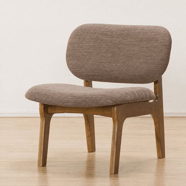 An armless chair with a dark wood frame and upholstered seat and backrest in a light beige fabric. The chair features a minimalist design with a curved back. — 3D model