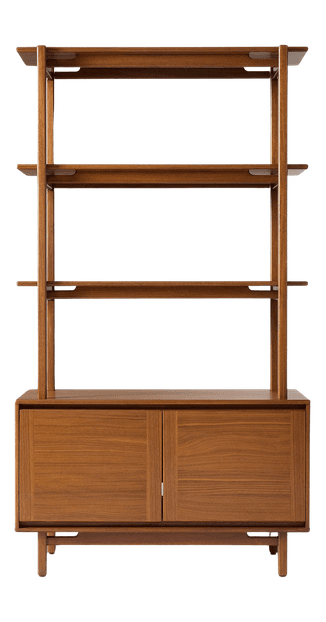A tall, rectangular mid-century modern shelving unit made of warm-toned wood, likely teak. It features three open shelves on the upper portion and a two-door cabinet on the lower base, standing on tapered legs with a stretcher. — 3D model