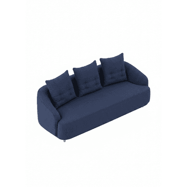 A modern three-seater sofa upholstered in a textured dark blue fabric. It features softly rounded armrests, a single long seat cushion, and three individual back cushions with button tufting. The sofa is supported by four small, light-colored wooden legs, visible at the corners. — 3D model