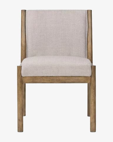 A modern dining chair with a wooden frame and upholstered seat and backrest. The frame has a natural wood finish and appears to be constructed from solid wood. The seat and backrest are covered in a light-colored, textured fabric. The design is minimalist with clean lines and a slightly curved back. — 3D model