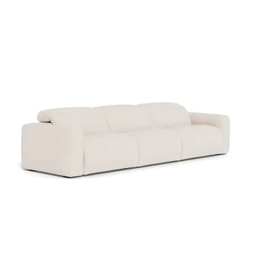 A single, deeply cushioned armchair, upholstered in a light-colored fabric, presented against a white background. The chair features a low-profile design with generous padding on the seat, backrest, and armrest, emphasizing comfort and a contemporary aesthetic. — 3D model