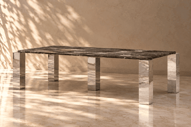 A rectangular coffee table featuring a dark brown marble top with prominent veining, supported by four sleek, rectangular metallic legs. — 3D model