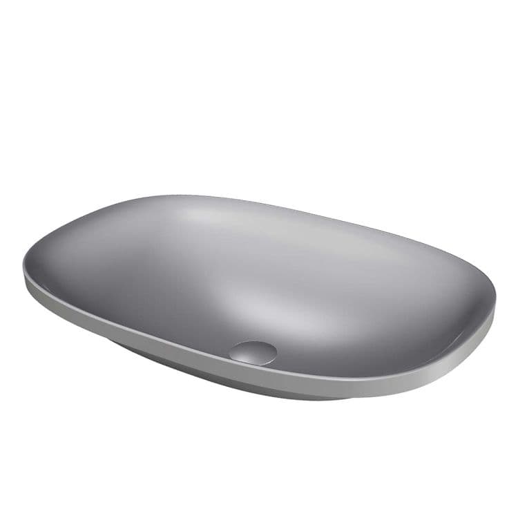 A modern, oval-shaped vessel sink with a smooth, matte gray finish. The sink has a shallow basin and a gently curved rim. A circular drain opening is visible in the interior basin. — 3D model