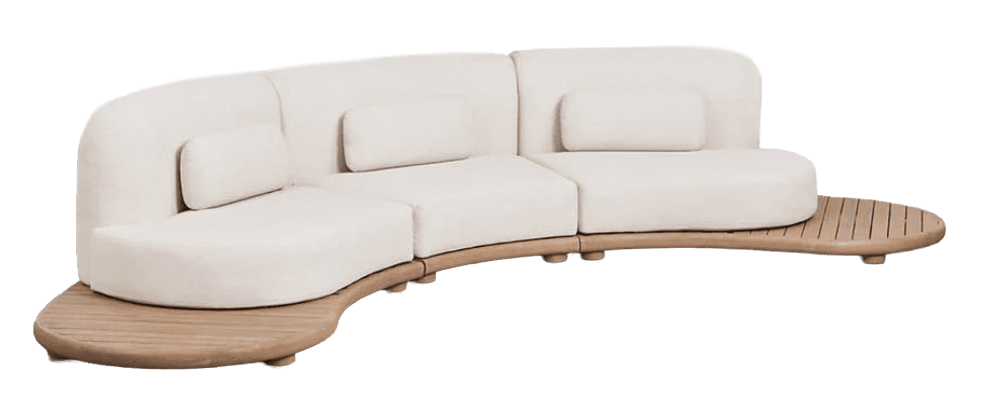 A modular, curved sofa with a light-colored upholstered seating area and backrests. The sofa features integrated wooden deck-like platforms on its sides, creating a unique, organic shape. Small, cylindrical wooden legs support the base. It includes loose bolster cushions for added comfort. — 3D model