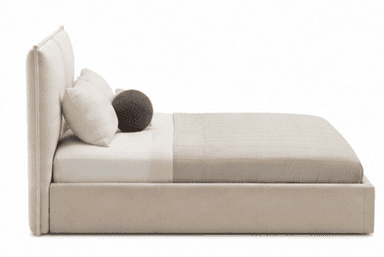 A modern upholstered platform bed featuring a low-profile frame and a tall, two-panel headboard, all covered in a light beige fabric. The bed is styled with minimalist bedding including a quilted duvet and accent pillows. — 3D model