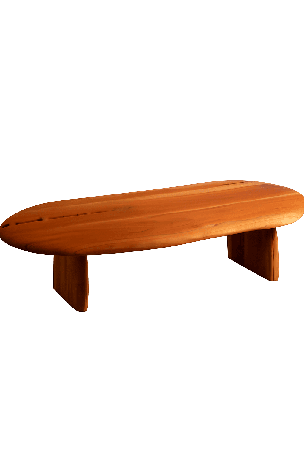 A low-profile coffee table with an elongated, oval-shaped tabletop. The table features a natural wood grain finish and is supported by two curved, paddle-like legs that extend from the underside of the tabletop. — 3D model