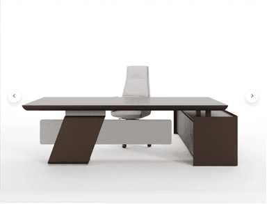 A contemporary executive desk featuring an L-shaped configuration with integrated storage, supported by an asymmetrical, angled base. — 3D model