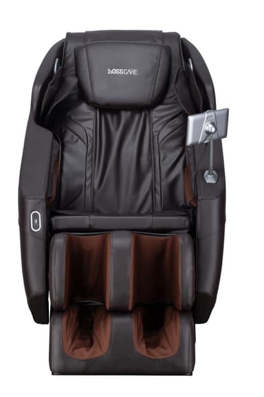 A sophisticated full-body electric massage chair, featuring a contemporary ergonomic design. It is upholstered in dark brown synthetic leather with contrasting lighter brown fabric accents on the inner cushioning and footrest area. The chair includes a robust base, integrated armrests, a built-in foot and leg massager, and a silver-colored control panel mounted on a flexible arm. Speaker grilles are visible near the headrest, indicating integrated audio capabilities. — 3D model