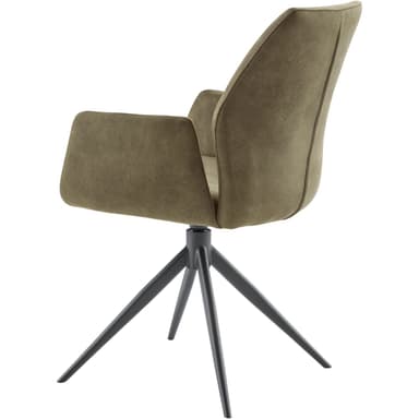 A contemporary armchair with a swivel base. The chair features a molded, upholstered seat and backrest with integrated armrests. The base consists of four splayed legs originating from a central swivel mechanism. Stitching details are visible along the edges of the upholstery. — 3D model