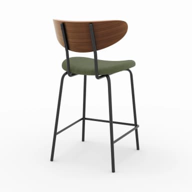 A bar stool with a curved wooden backrest and a green upholstered seat, supported by a black metal frame with footrests. — 3D model