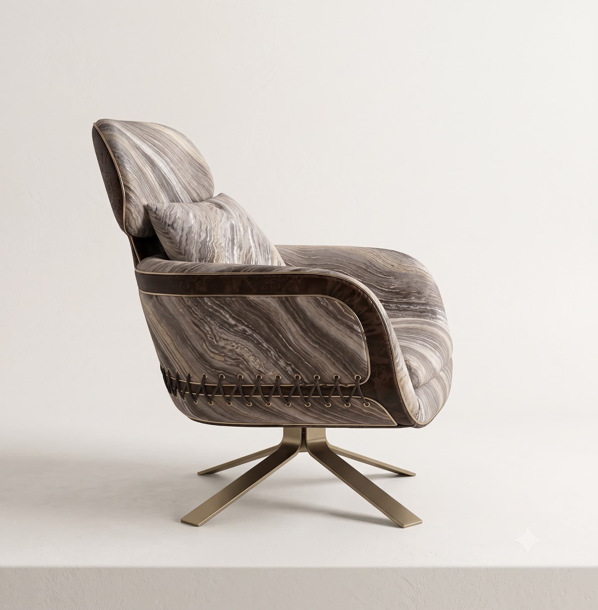 A contemporary swivel lounge chair featuring a curved silhouette, upholstered in a marbled or streaked fabric with dark brown trim and decorative lacing details, supported by a bronze-finished four-star base. — 3D model