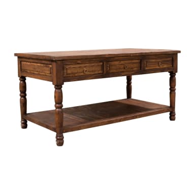 A dark wooden console table with three drawers on the front panel and a lower shelf. The table features turned legs with a bulbous design. Each drawer has a circular metal pull. The wood grain is visible, suggesting a natural finish. — 3D model