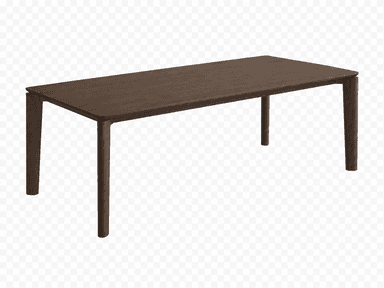 A modern rectangular dining table crafted from dark wood, featuring a clean, minimalist design. The tabletop has slightly rounded corners and sits atop four tapered legs that connect directly to the tabletop, giving it a sleek appearance. — 3D model